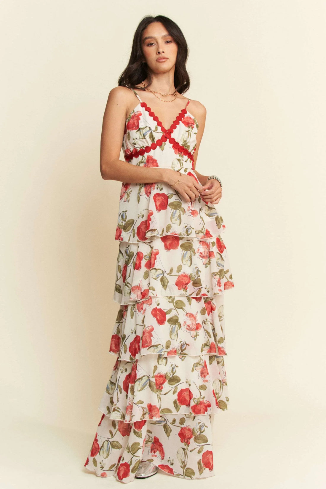 Davi & Dani Contrast Ring Lace Layered Ruffle Maxi Cami Dress - Velora Luxury Fashion