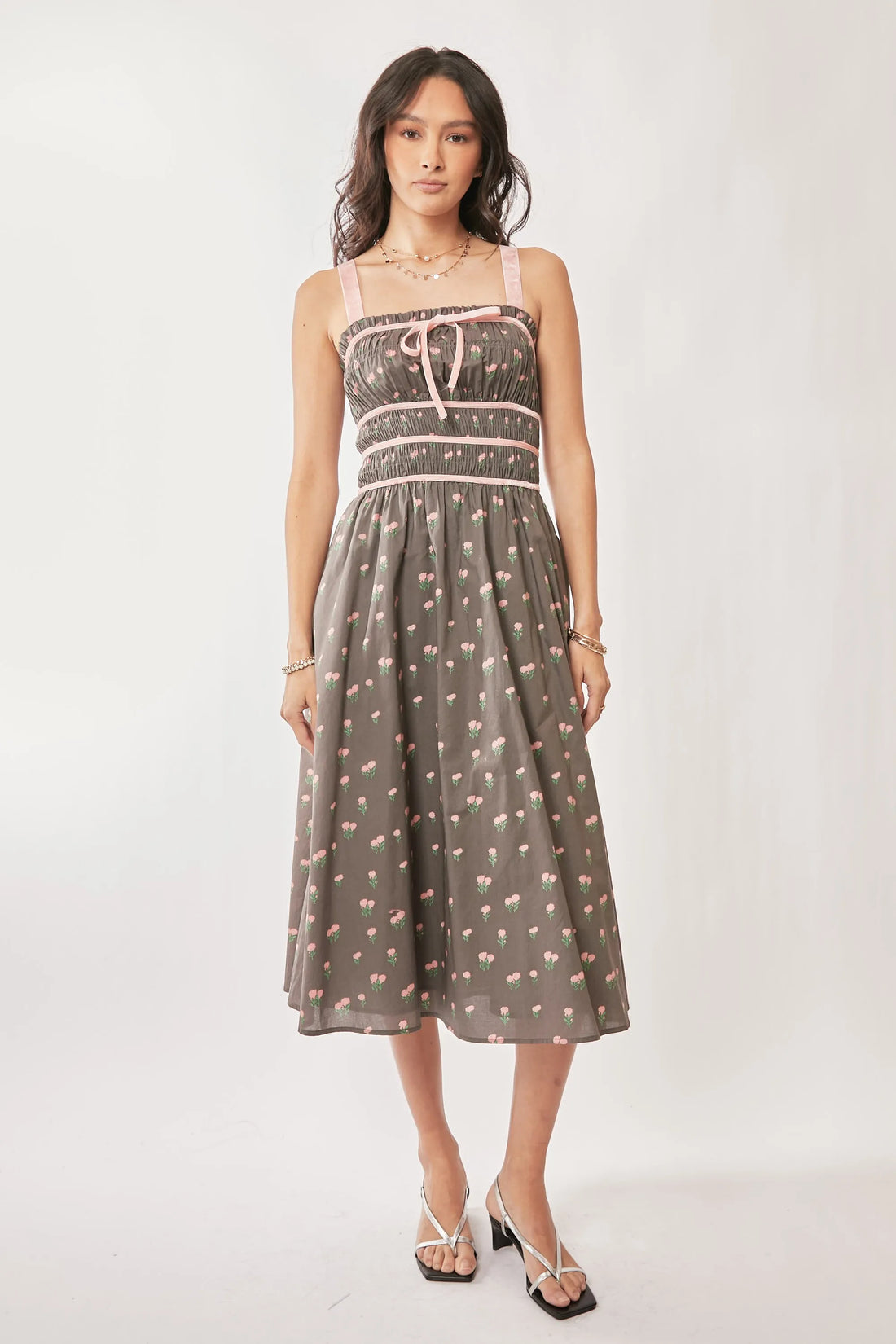 Davi & Dani Contrast Velvet Tape Smocking Bodice Midi Dress - Velora Luxury Fashion