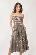 Davi & Dani Contrast Velvet Tape Smocking Bodice Midi Dress - Velora Luxury Fashion