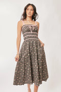 Davi & Dani Contrast Velvet Tape Smocking Bodice Midi Dress - Velora Luxury Fashion