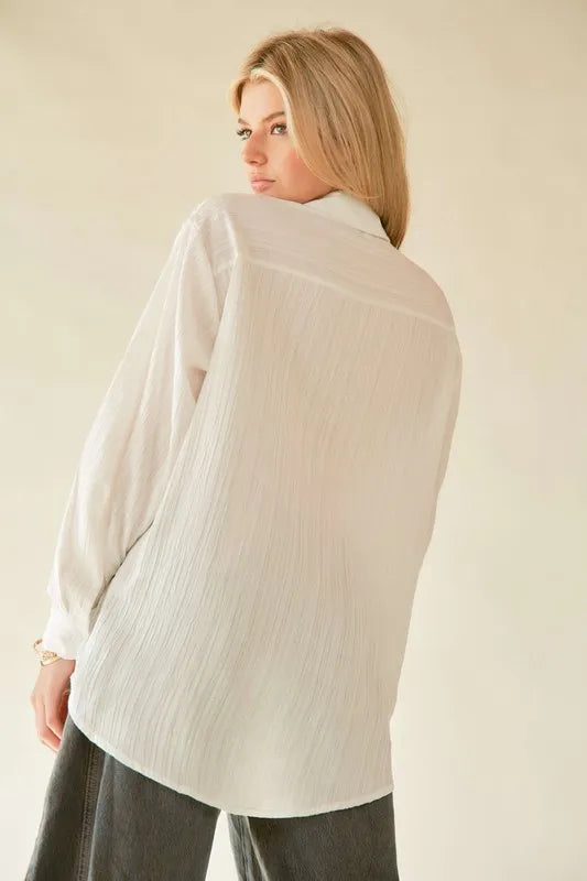 Davi & Dani Crinkled Jacquard Button Down Shirt - Velora Luxury Fashion