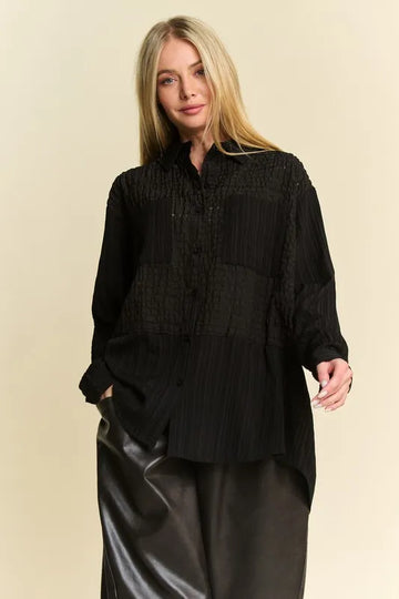 Davi & Dani Crinkled Jacquard Button Down Shirt - Velora Luxury Fashion