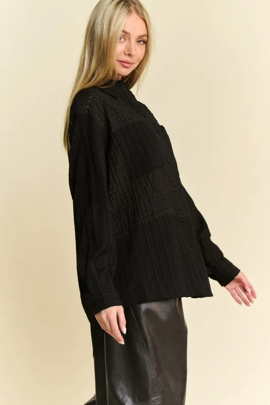 Davi & Dani Crinkled Jacquard Button Down Shirt - Velora Luxury Fashion