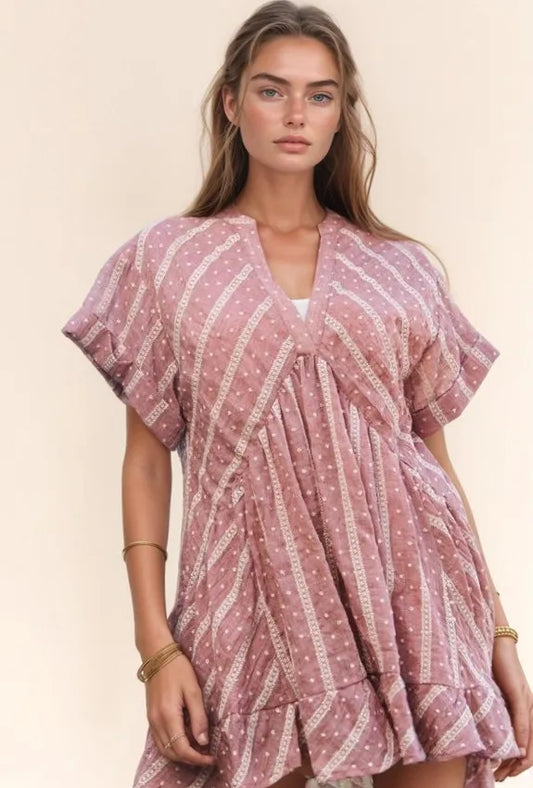 Davi & Dani Embroidery V Neck Short Sleeve Ruffled Mini Dress - Velora Luxury Fashion