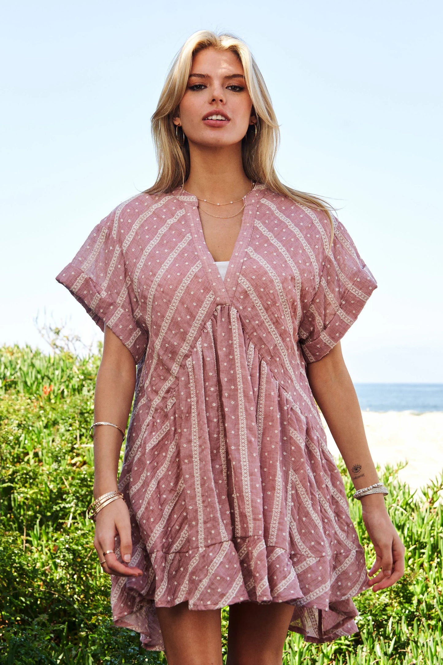 Davi & Dani Embroidery V Neck Short Sleeve Ruffled Mini Dress - Velora Luxury Fashion