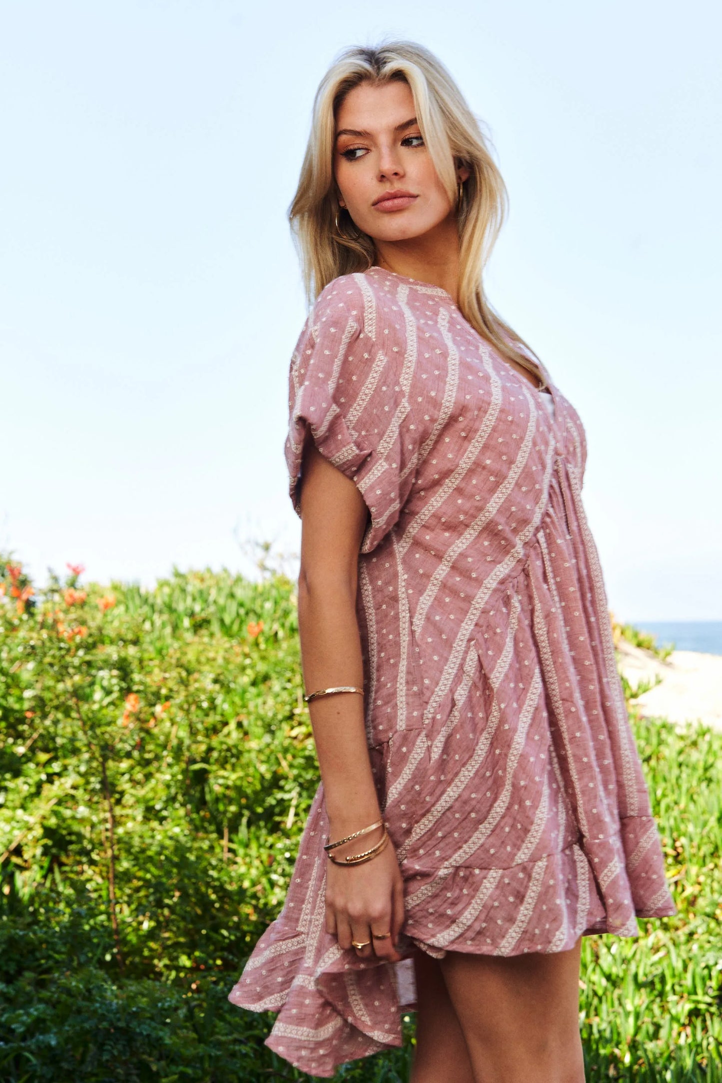 Davi & Dani Embroidery V Neck Short Sleeve Ruffled Mini Dress - Velora Luxury Fashion