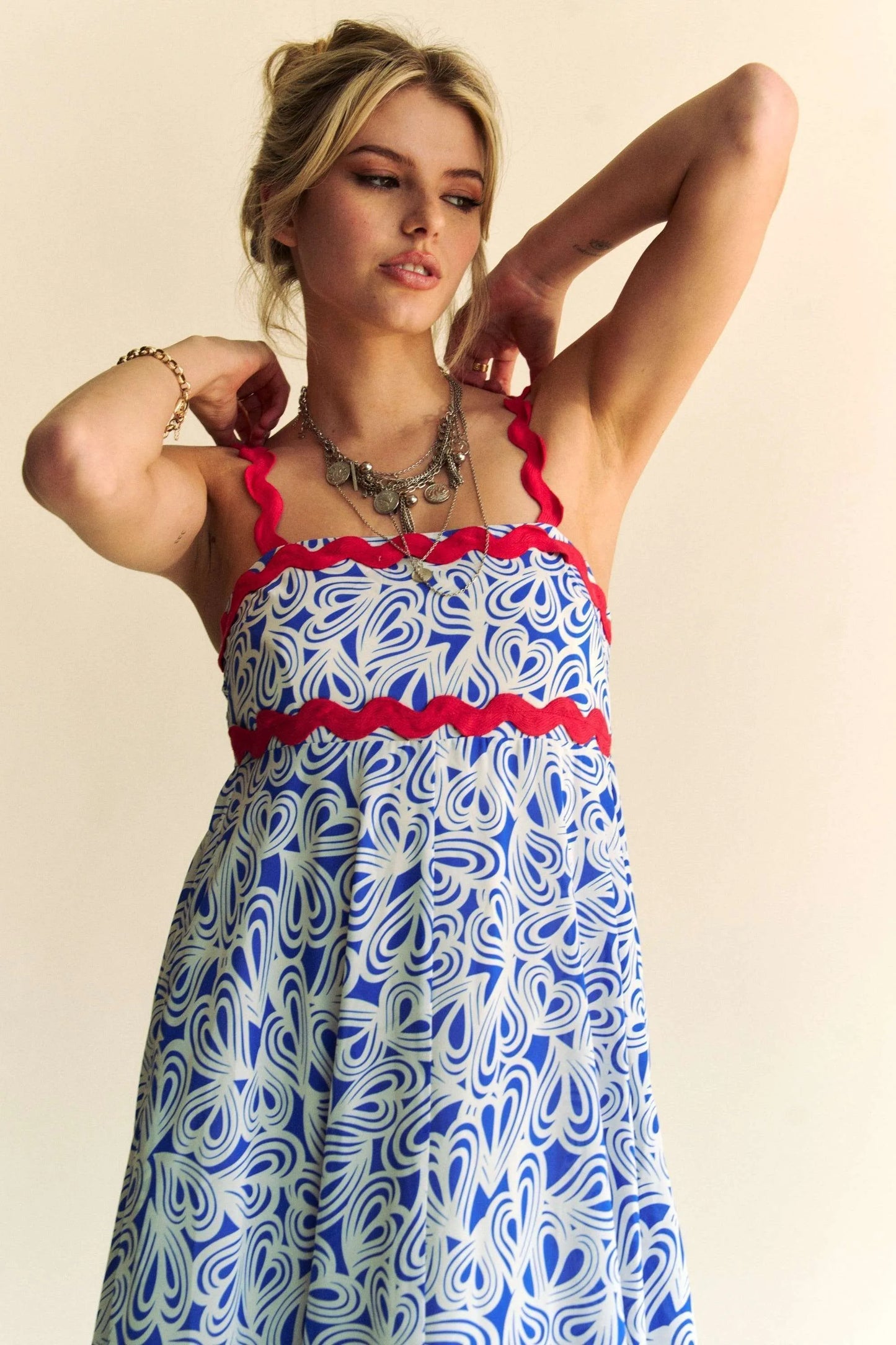 Davi & Dani Geo 2 Tone Printed Wavi Trim Tiered Maxi Dress - Velora Luxury Fashion