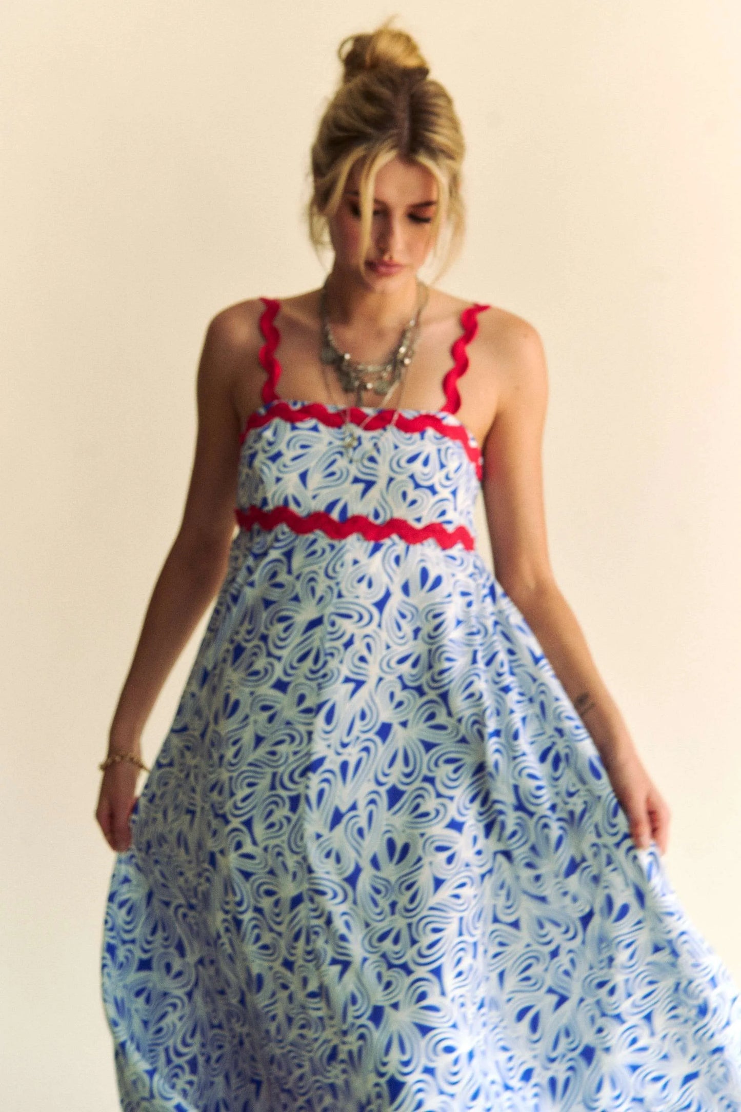 Davi & Dani Geo 2 Tone Printed Wavi Trim Tiered Maxi Dress - Velora Luxury Fashion