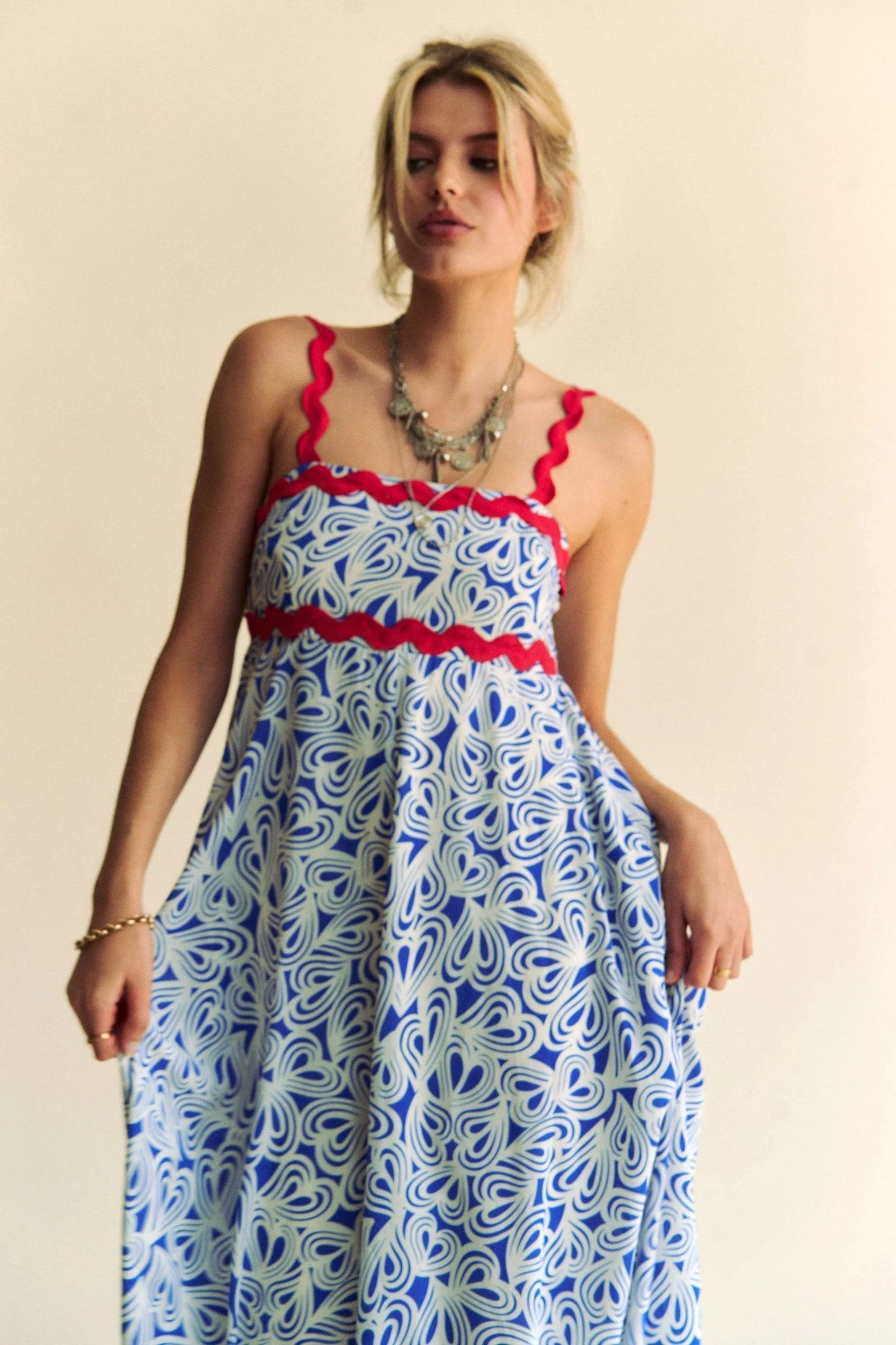 Davi & Dani Geo 2 Tone Printed Wavi Trim Tiered Maxi Dress - Velora Luxury Fashion