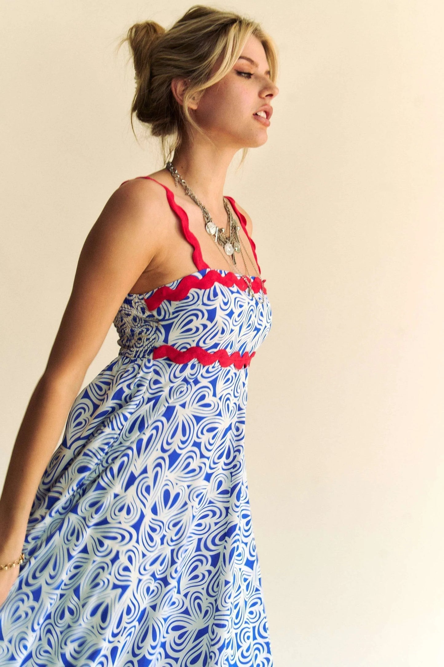 Davi & Dani Geo 2 Tone Printed Wavi Trim Tiered Maxi Dress - Velora Luxury Fashion