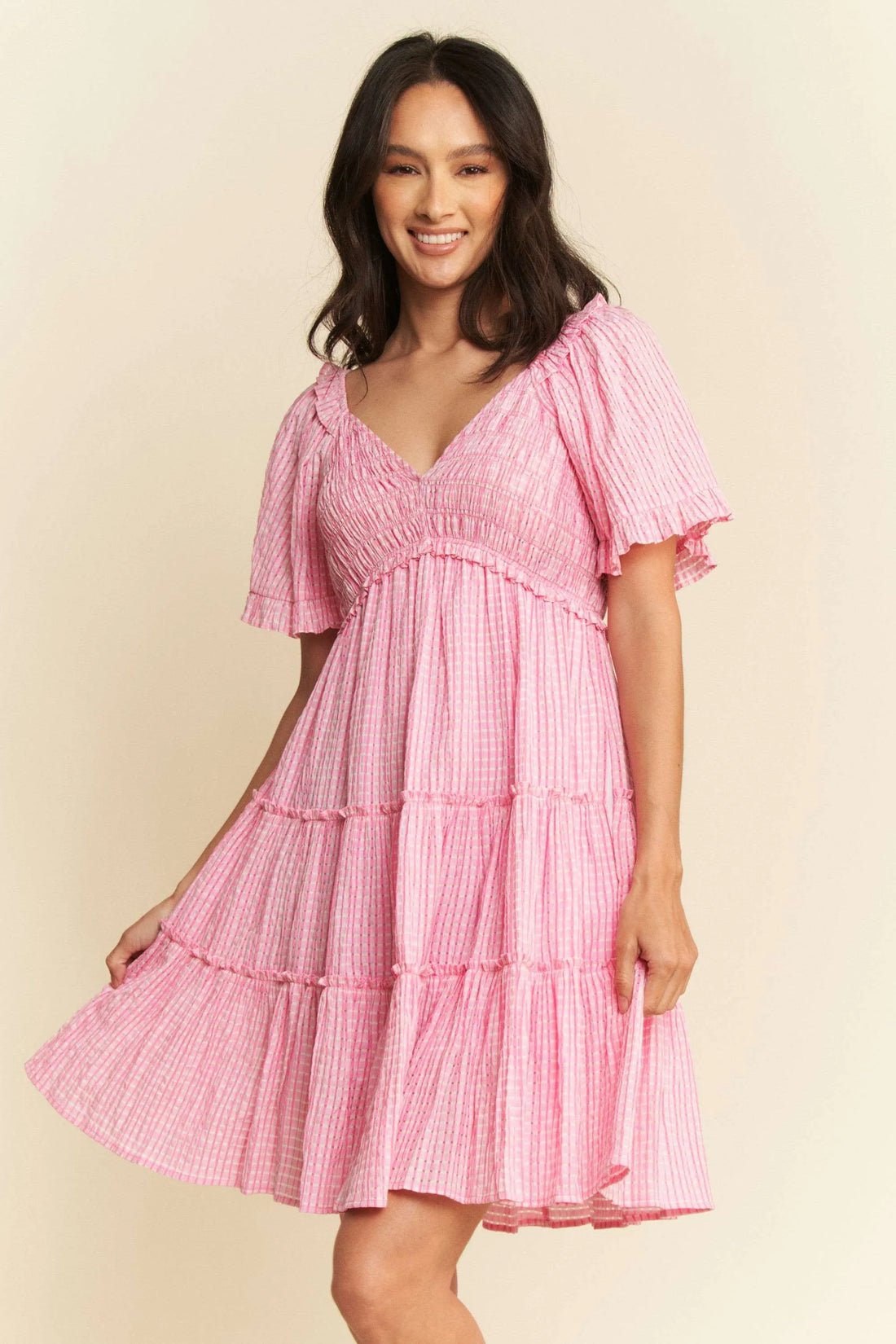 Davi & Dani Jacquard Checker Smocking Tiered Dress - Velora Luxury Fashion