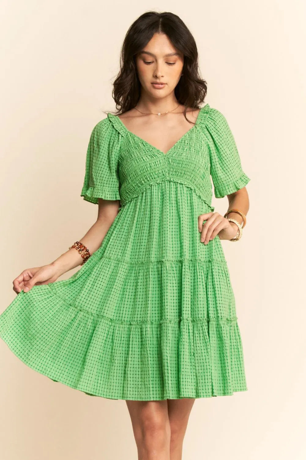 Davi & Dani Jacquard Checker Smocking Tiered Dress - Velora Luxury Fashion