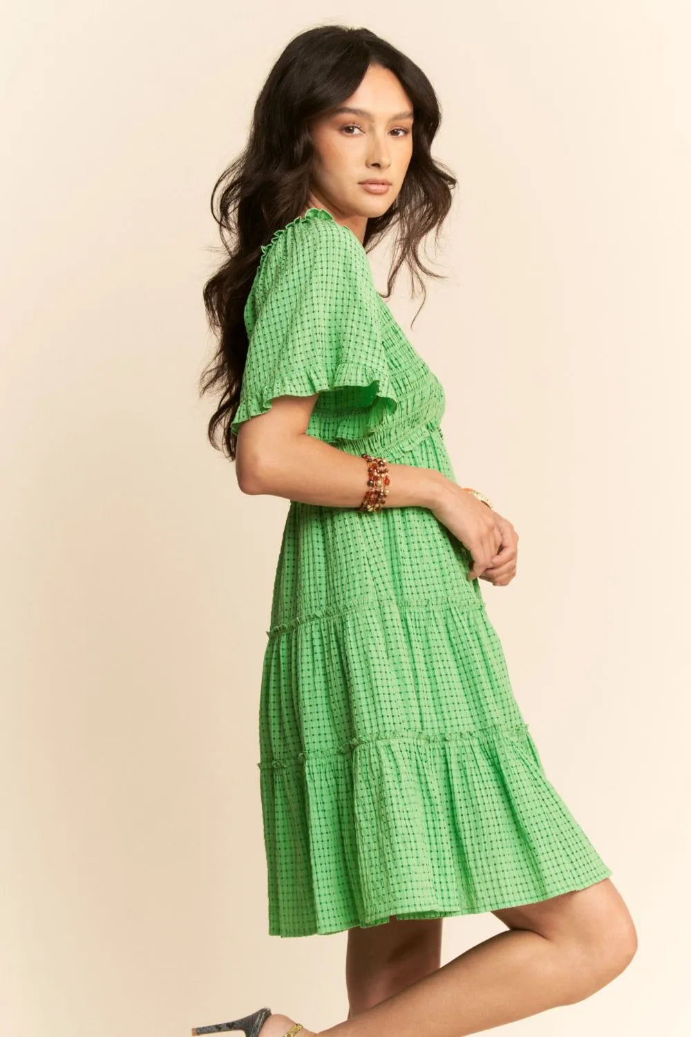Davi & Dani Jacquard Checker Smocking Tiered Dress - Velora Luxury Fashion