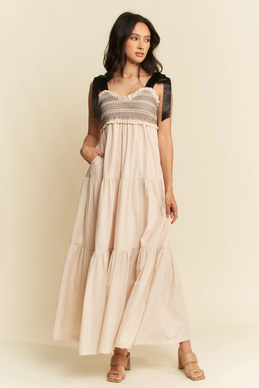 Davi & Dani Multi Contrast Smocked Bodice Straps Maxi Dress - Velora