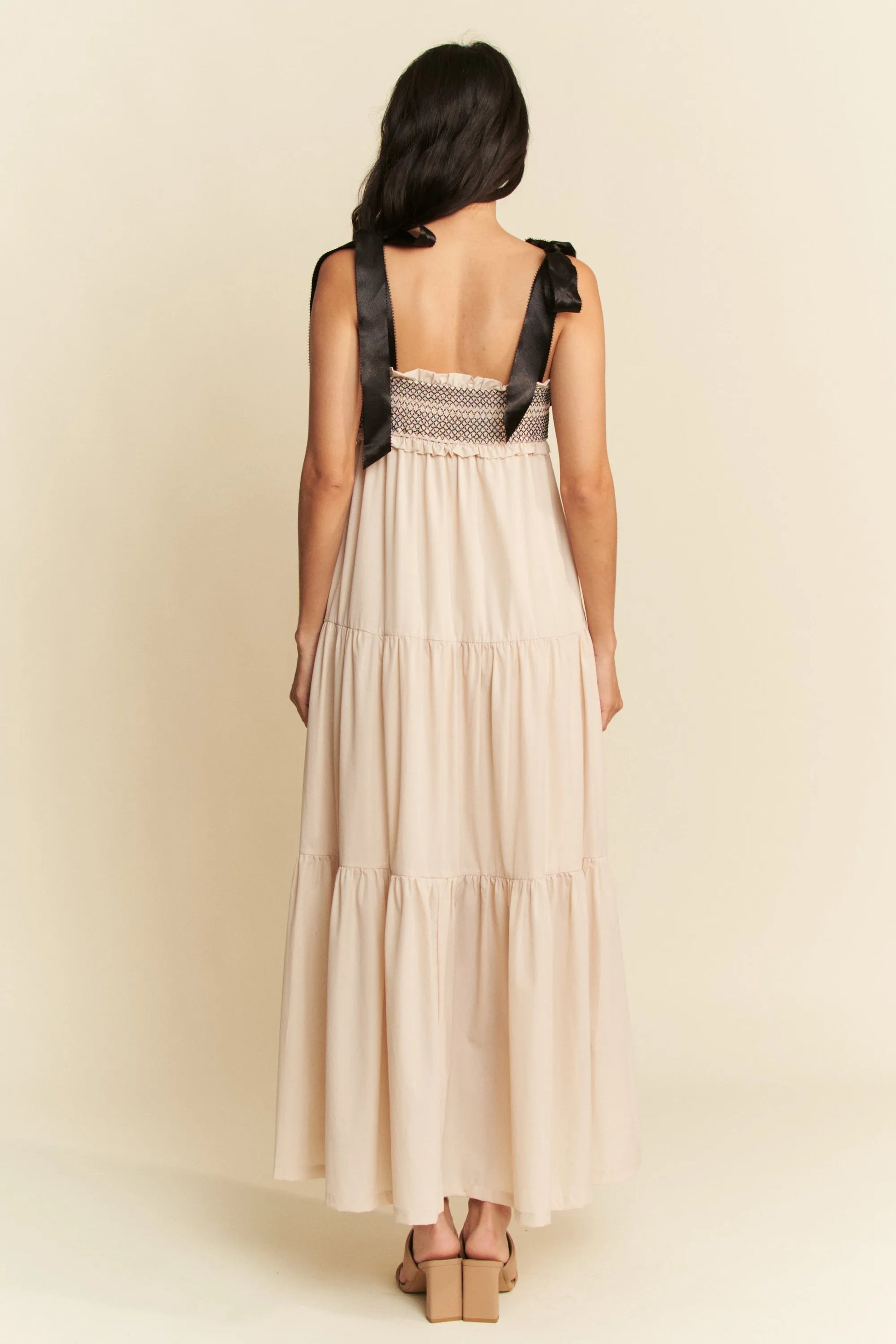 Davi & Dani Multi Contrast Smocked Bodice Straps Maxi Dress - Velora