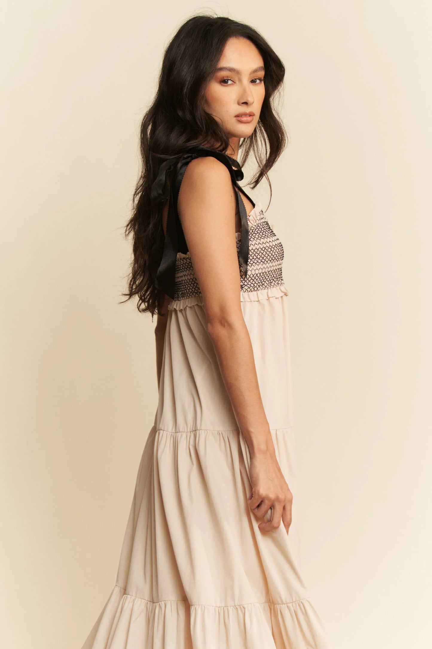 Davi & Dani Multi Contrast Smocked Bodice Straps Maxi Dress - Velora