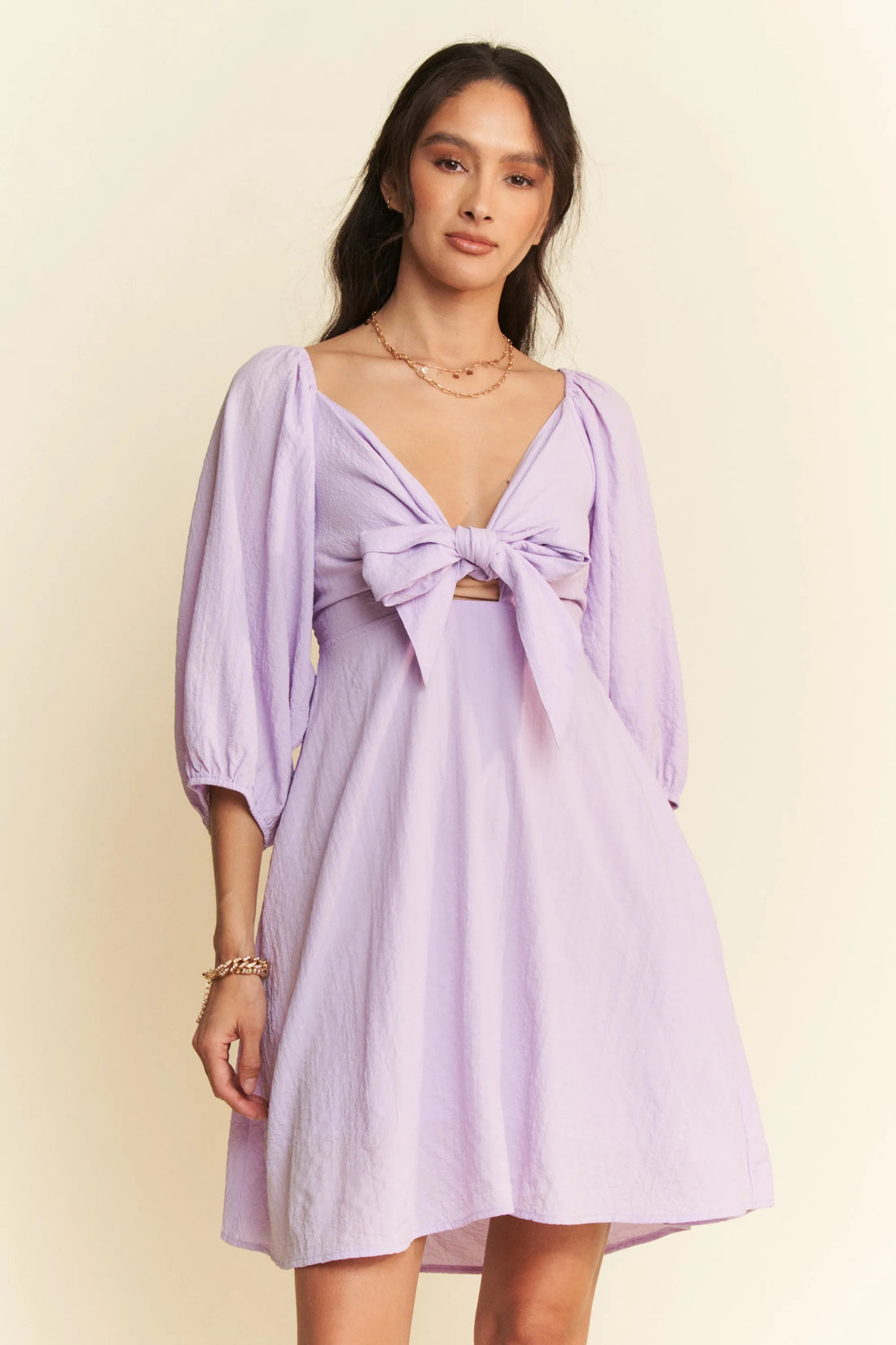 Davi & Dani Self-Tie Puff Sleeve Smocking Open Back Mini Dress - Velora Luxury Fashion