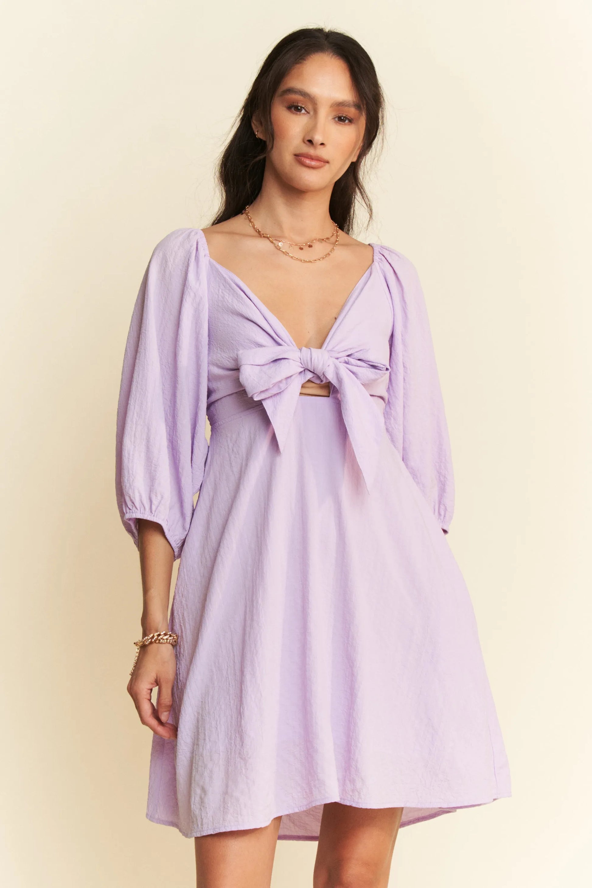 Davi & Dani Self-Tie Puff Sleeve Smocking Open Back Mini Dress - Velora Luxury Fashion