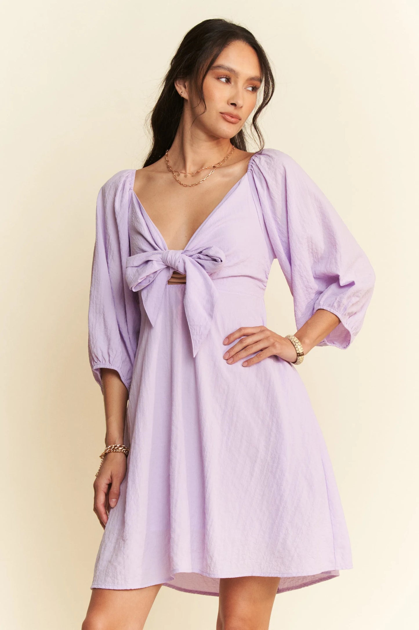 Davi & Dani Self-Tie Puff Sleeve Smocking Open Back Mini Dress - Velora Luxury Fashion