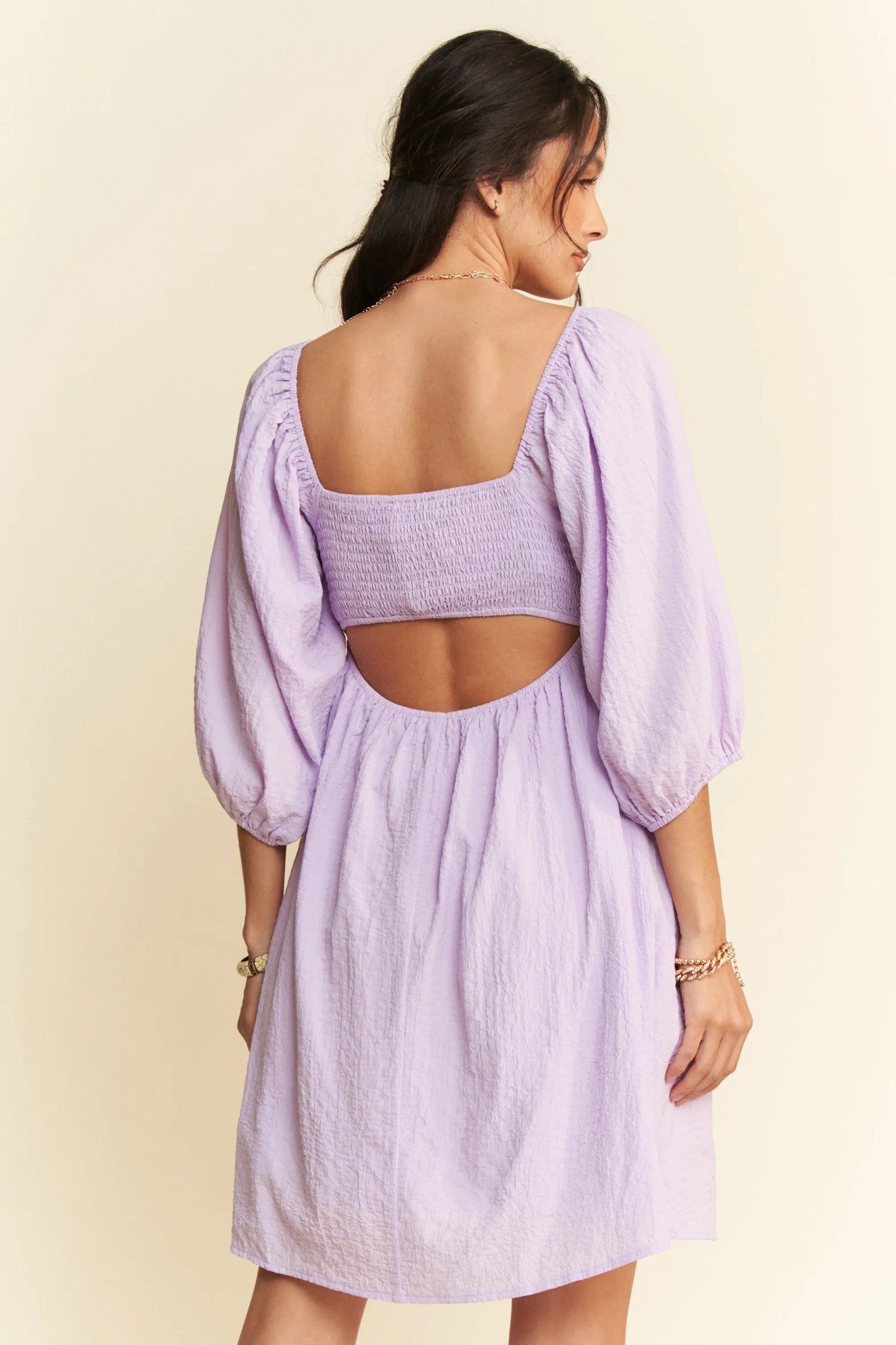 Davi & Dani Self-Tie Puff Sleeve Smocking Open Back Mini Dress - Velora Luxury Fashion