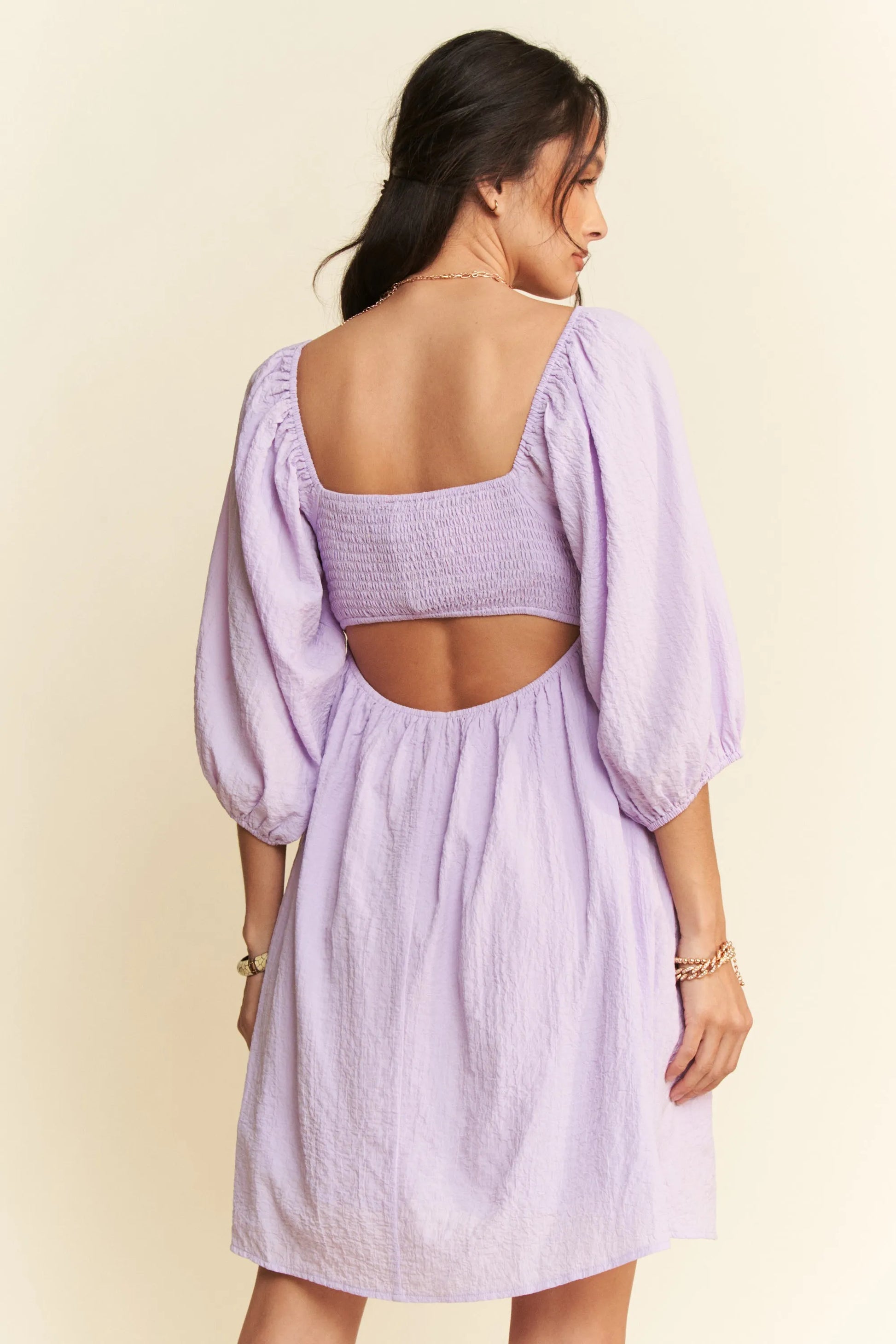 Davi & Dani Self-Tie Puff Sleeve Smocking Open Back Mini Dress - Velora Luxury Fashion