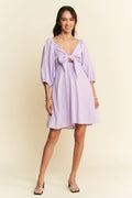 Davi & Dani Self-Tie Puff Sleeve Smocking Open Back Mini Dress - Velora Luxury Fashion