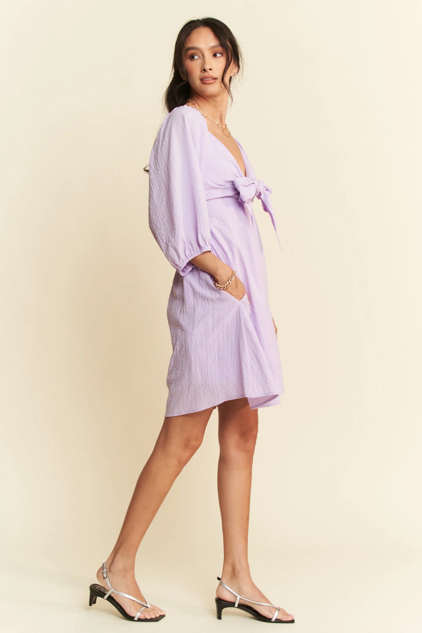 Davi & Dani Self-Tie Puff Sleeve Smocking Open Back Mini Dress - Velora Luxury Fashion
