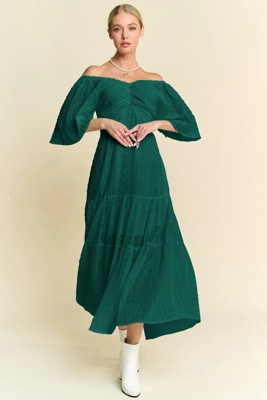 Davi & Dani Swiss Dotted Ruched Ruffle Open Back Midi Dress - Velora Luxury Fashion