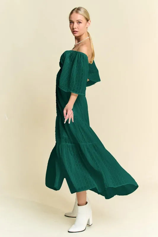 Davi & Dani Swiss Dotted Ruched Ruffle Open Back Midi Dress - Velora Luxury Fashion