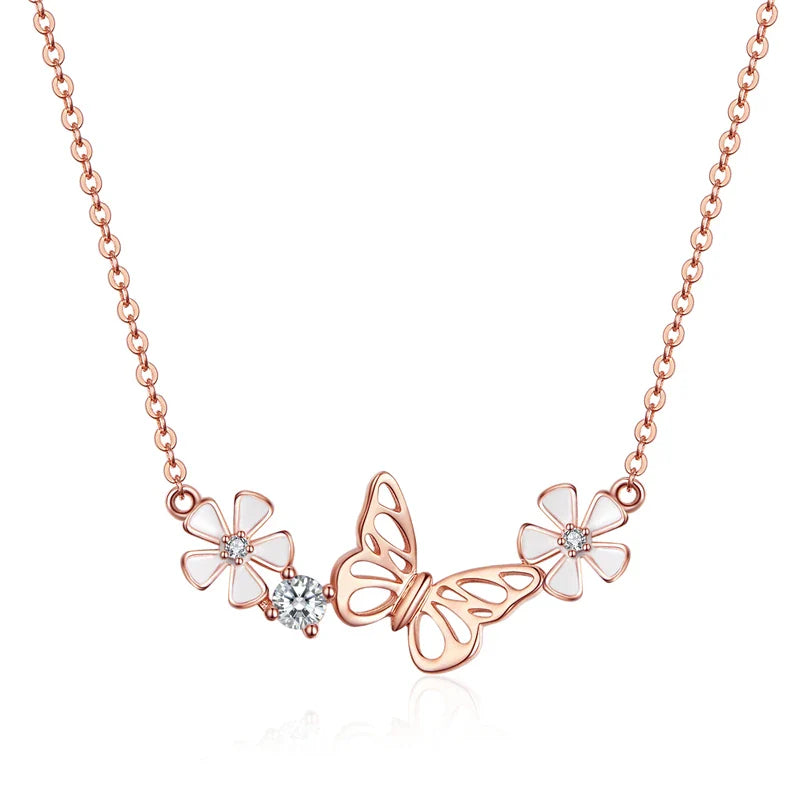 Delicate Beauty: Korean Style 925 Sterling Silver Butterfly and Flower Choker Necklace - Velora Luxury Fashion