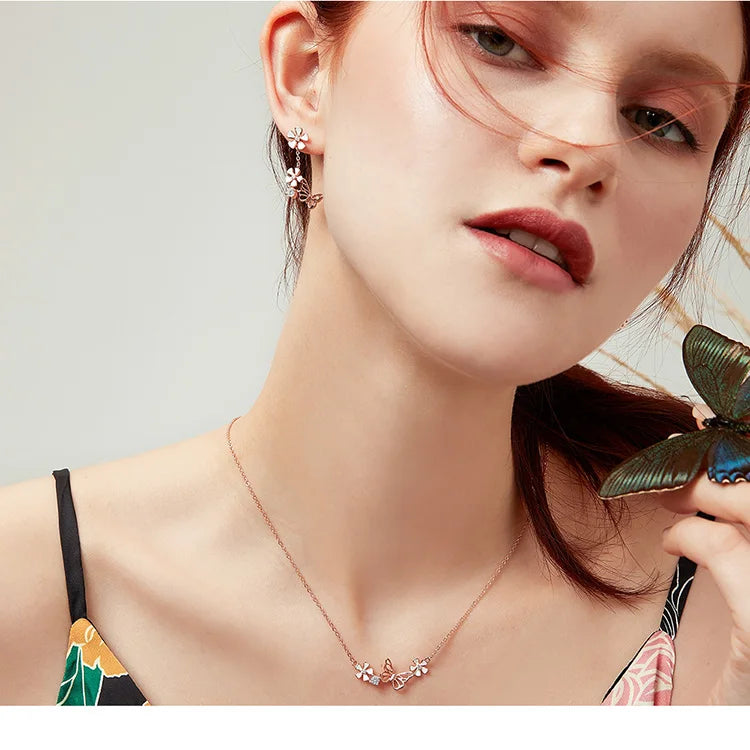 Delicate Beauty: Korean Style 925 Sterling Silver Butterfly and Flower Choker Necklace - Velora Luxury Fashion