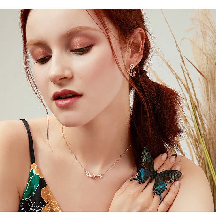 Delicate Beauty: Korean Style 925 Sterling Silver Butterfly and Flower Choker Necklace - Velora Luxury Fashion