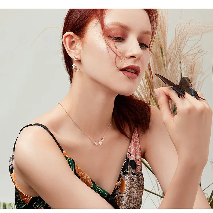 Delicate Beauty: Korean Style 925 Sterling Silver Butterfly and Flower Choker Necklace - Velora Luxury Fashion