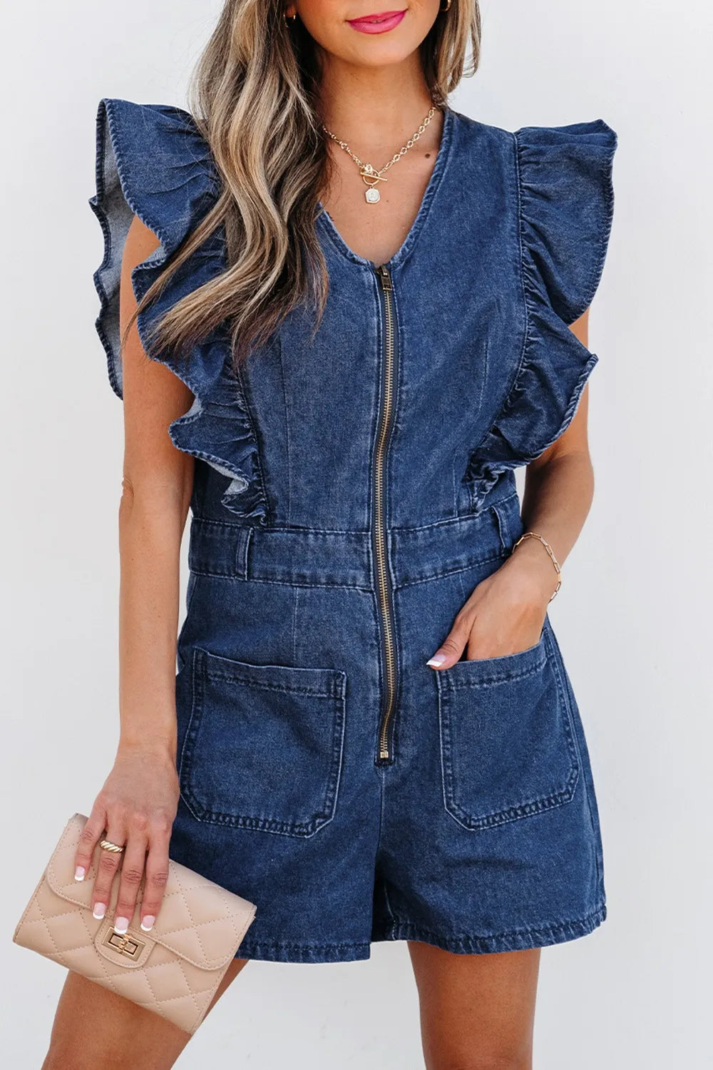 Denim Ruffled Zipped Front Belted Romper - Velora Luxury Fashion