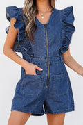 Denim Ruffled Zipped Front Belted Romper - Velora Luxury Fashion