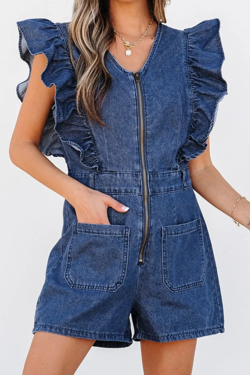 Denim Ruffled Zipped Front Belted Romper - Velora Luxury Fashion