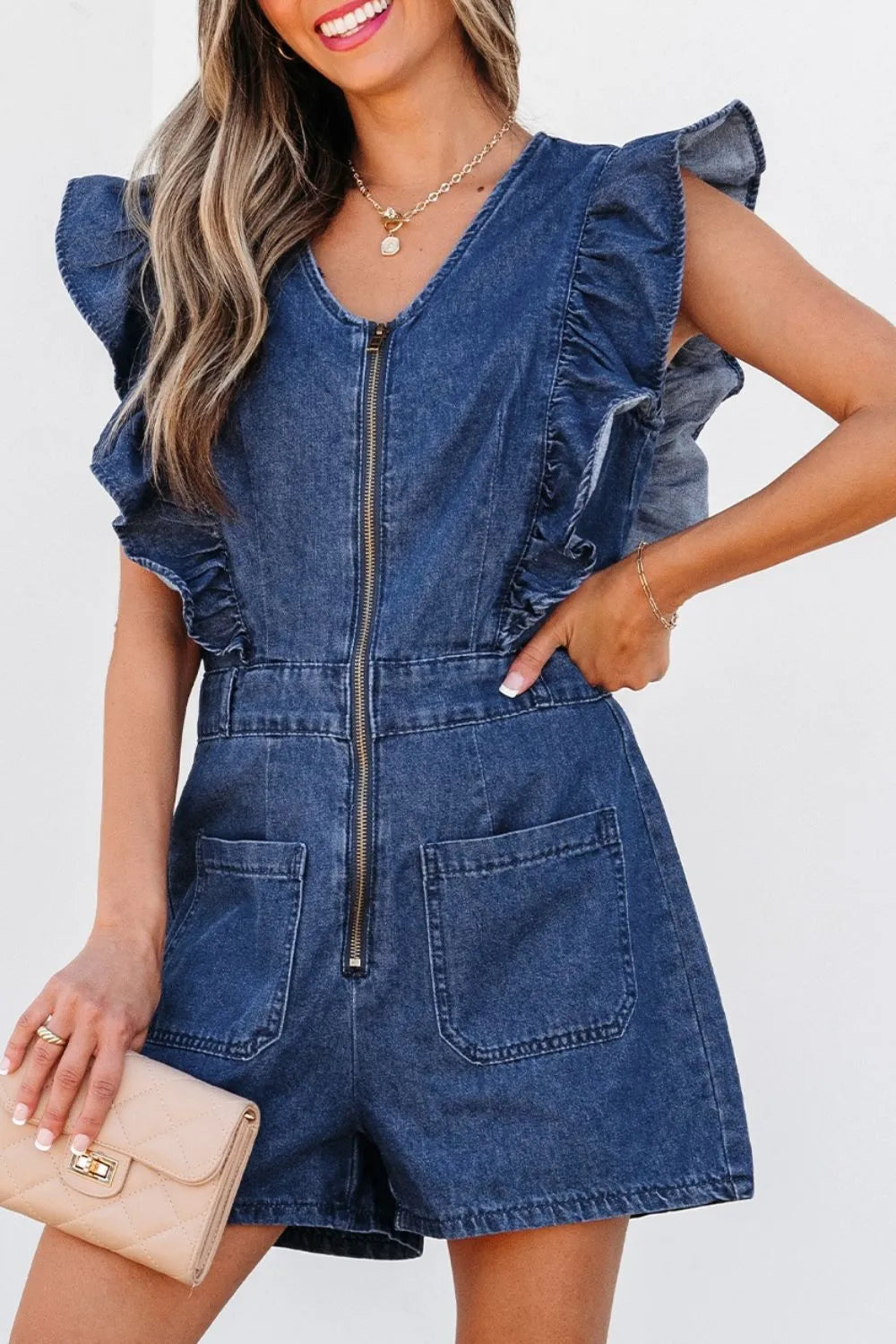 Denim Ruffled Zipped Front Belted Romper - Velora Luxury Fashion