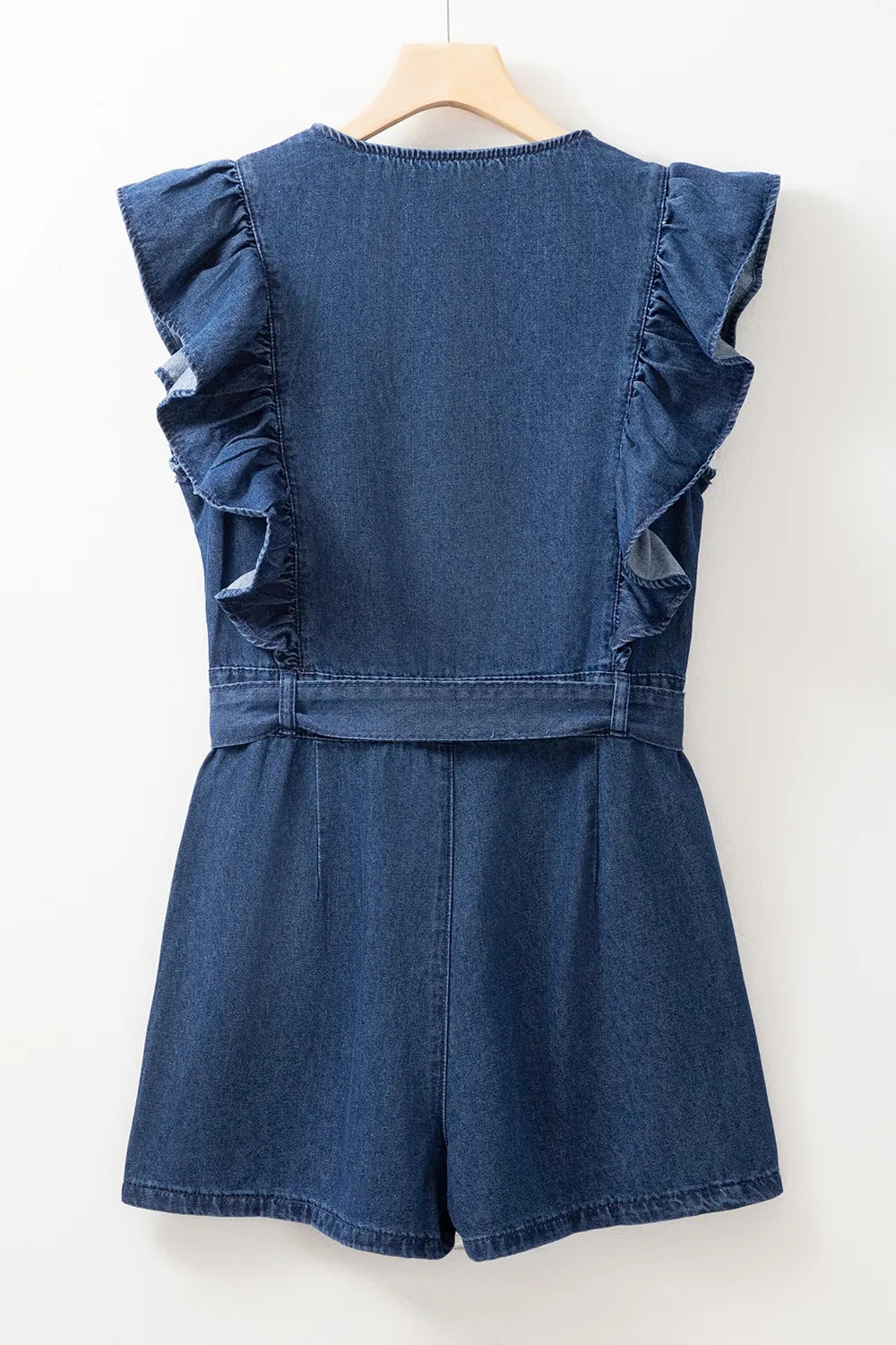 Denim Ruffled Zipped Front Belted Romper - Velora Luxury Fashion