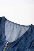 Denim Ruffled Zipped Front Belted Romper - Velora Luxury Fashion
