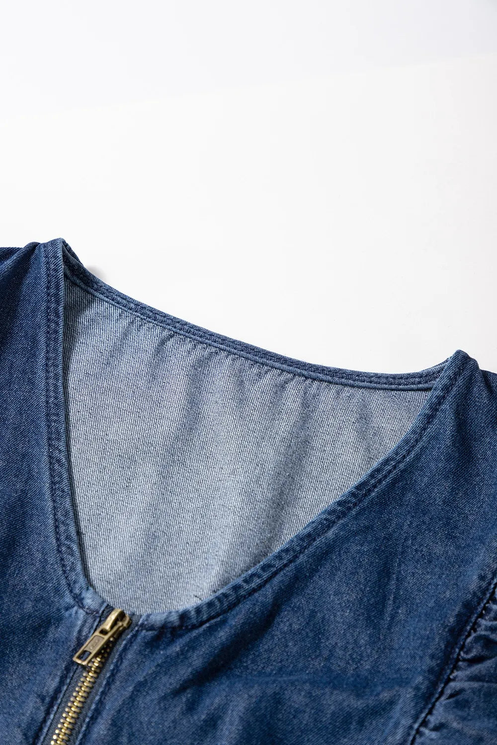 Denim Ruffled Zipped Front Belted Romper - Velora Luxury Fashion