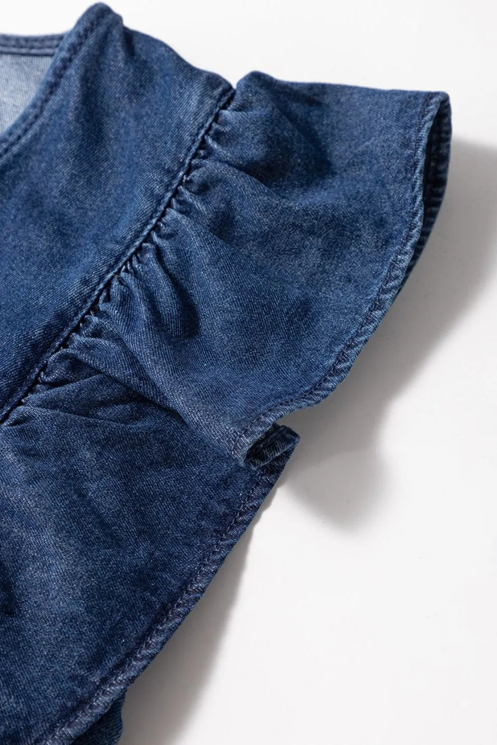 Denim Ruffled Zipped Front Belted Romper - Velora Luxury Fashion