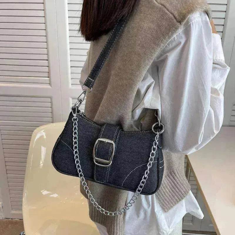 Denim Shoulder Bags Women's Fashion Chains Handbag Crossbody Bags Small Square Armpit Bag - Velora