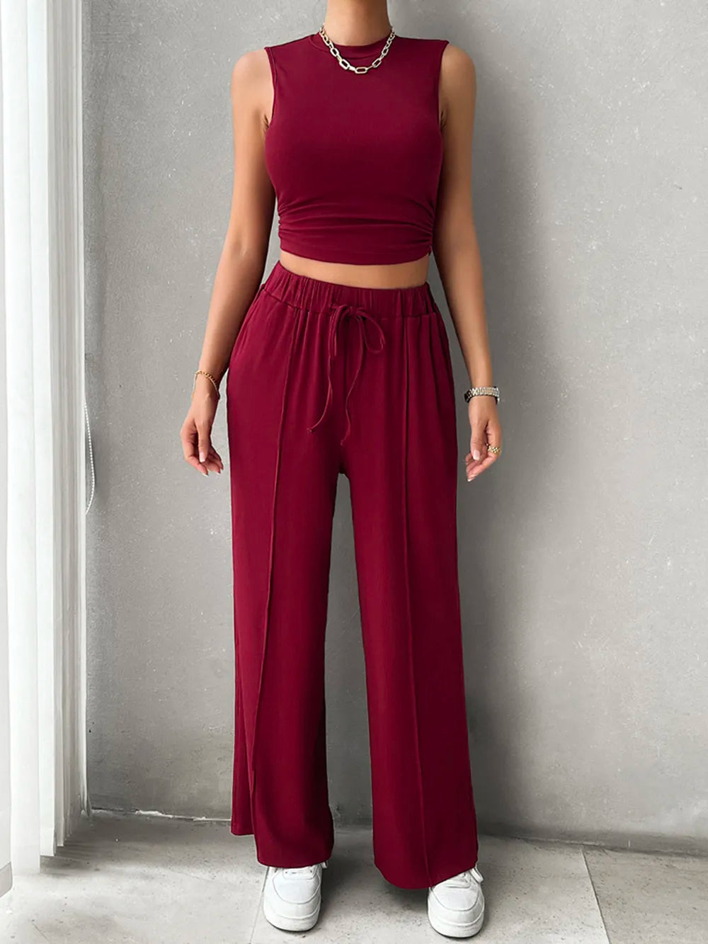 Devine Mock Neck Sleeveless Top and Drawstring Pants Set - Velora Luxury Fashion