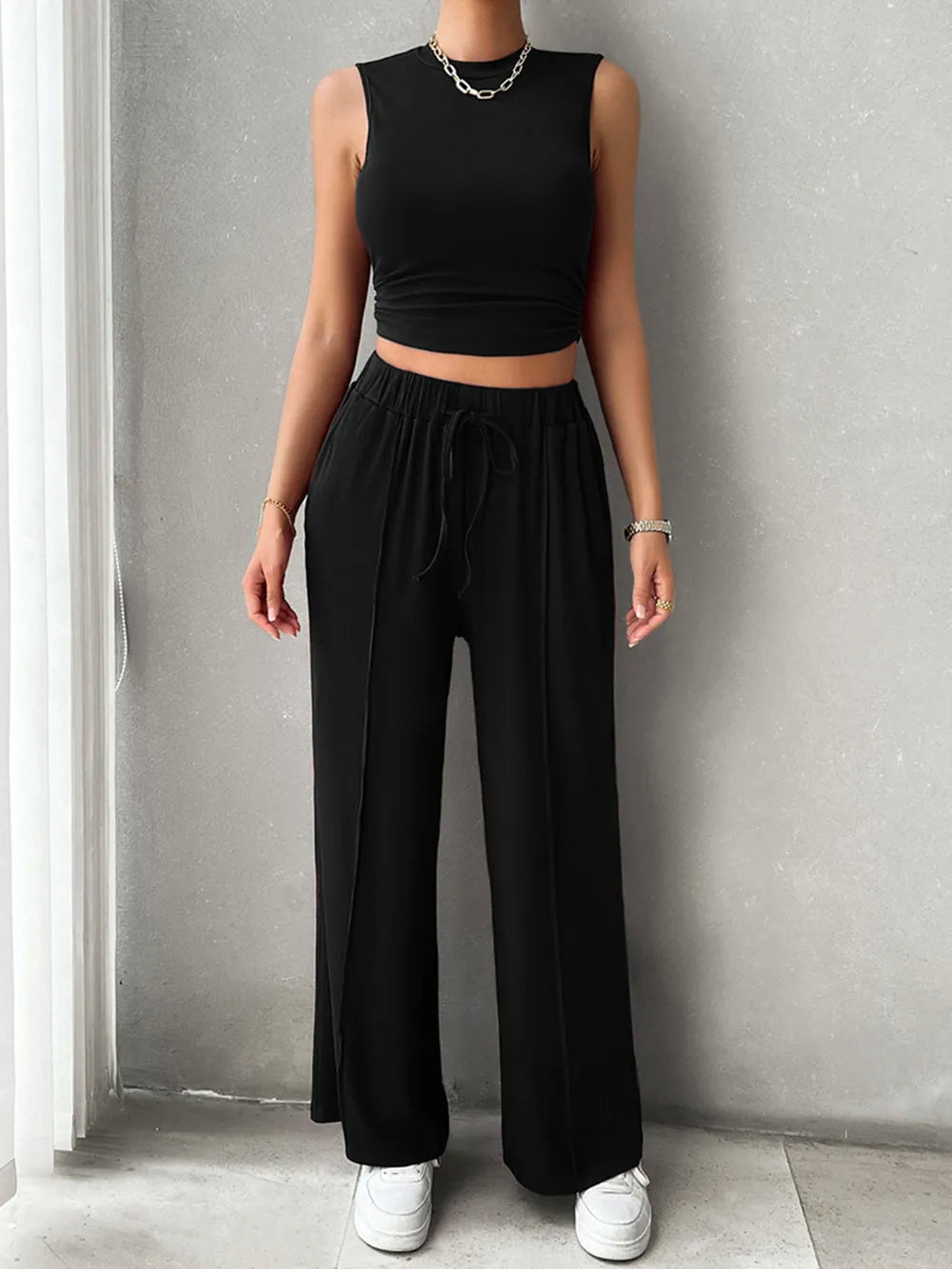 Devine Mock Neck Sleeveless Top and Drawstring Pants Set - Velora Luxury Fashion