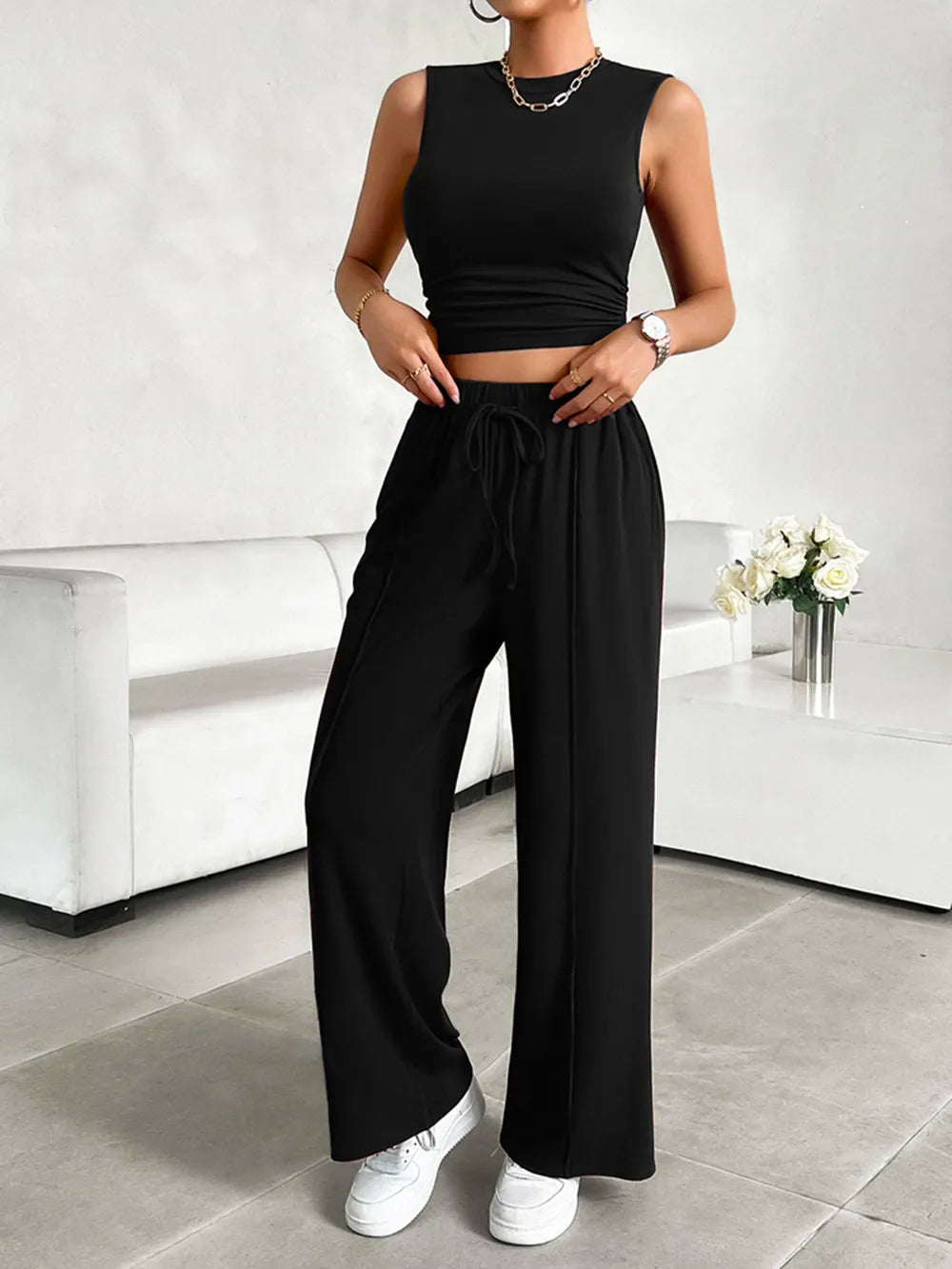 Devine Mock Neck Sleeveless Top and Drawstring Pants Set - Velora Luxury Fashion