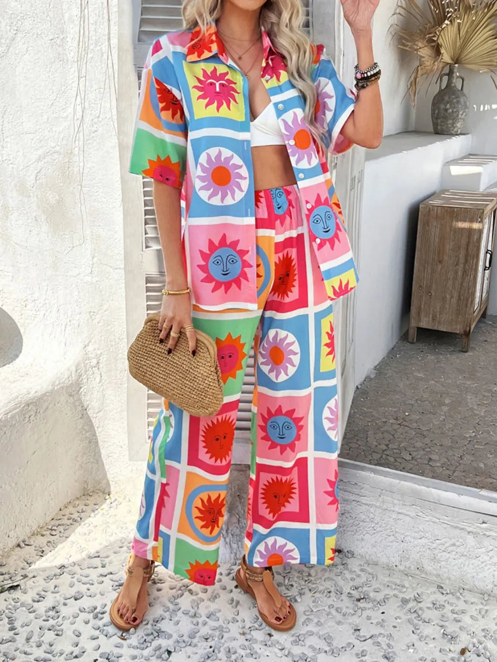 Devine Printed Collared Neck Half Sleeve Top and Pants Set - Velora Luxury Fashion