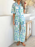 Devine Printed Collared Neck Half Sleeve Top and Pants Set - Velora Luxury Fashion