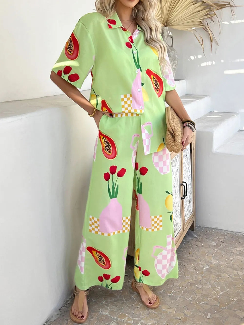 Devine Printed Collared Neck Half Sleeve Top and Pants Set - Velora Luxury Fashion