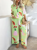 Devine Printed Collared Neck Half Sleeve Top and Pants Set - Velora Luxury Fashion