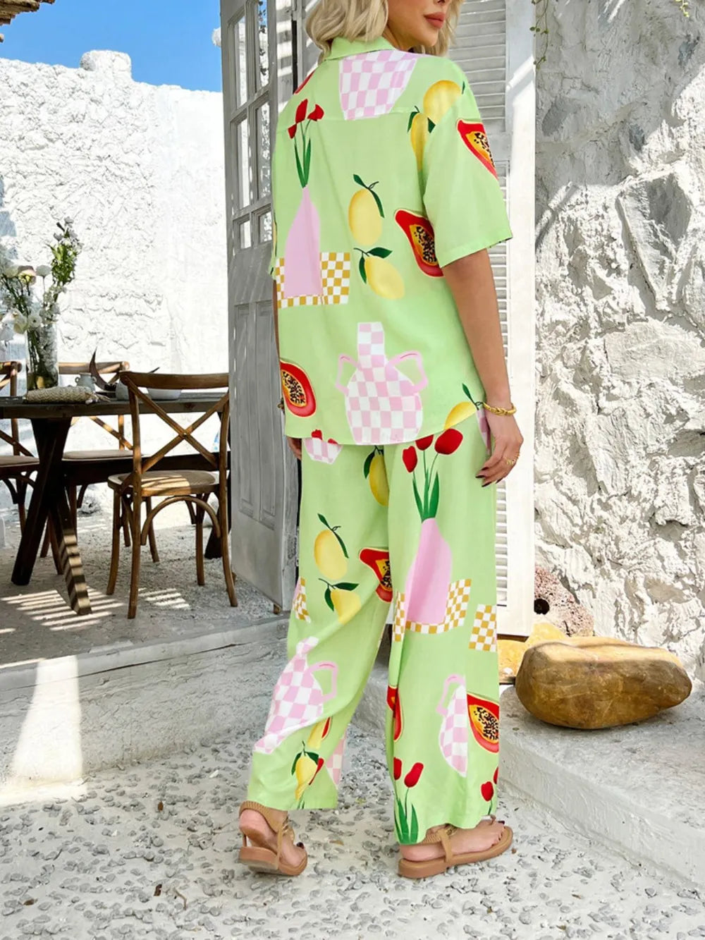 Devine Printed Collared Neck Half Sleeve Top and Pants Set - Velora Luxury Fashion